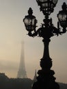 A detailed Parisien street lamp on a foggy afternoon towards the Eiffel Tower, Paris