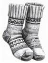 Detailed Pen and Ink Illustration of Warm Knitted Wool Socks with Geometric Patterns Royalty Free Stock Photo