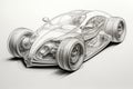 Detailed pencil drawing of a futuristic transparent car design on a white background