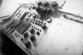 detailed pencil sketch of aircraft cockpit, with instruments and controls visible