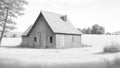 A detailed pencil sketch of a rustic, weathered barn in a vast open field