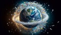 A detailed perspective of Earths orbit filled with swirling plastic debris, creating a ring that highlights the severity