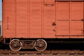 Detailed photo of railway freight car. A fragment of the component parts of the freight car on the railroad in dayligh Royalty Free Stock Photo