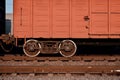 Detailed photo of railway freight car. A fragment of the component parts of the freight car on the railroad in dayligh Royalty Free Stock Photo