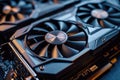 A detailed photo showcasing the intricate fan blades of a video card up close, A close-up view of a graphics card, AI Generated Royalty Free Stock Photo