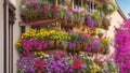 A detailed photograph of a balcony full of multicolor flowers