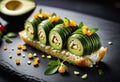 A detailed photograph of a caterpillar roll- highlighting the thinly sliced avocado topping resembling a caterpillar
