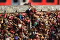 A detailed photograph of the colourful love locks attached to the Hohenzollern Bridge