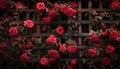A rose-covered trellis, with intertwining vines displaying a beautiful gradient from pink to deep red Royalty Free Stock Photo