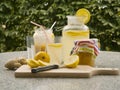 Detailed Picture of all ingredients neccesary to cook a homemade lemonade consist from water, lemon, ginger and glass of honey.