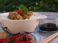 Detailed Picture of the asian style dish, thai or cambodian, curry with vegetables and rice Royalty Free Stock Photo