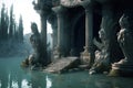 Detailed picture of a lake and stone figures in an old fantasy temple