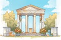 a detailed picture of a memorial with large greek revival columns, magazine style illustration