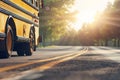 School bus approaching at sunrise on a country road Royalty Free Stock Photo