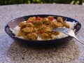 Detailed Picture of typical indian food hot lamb curry with rice and chopped chili served on the deep plate Royalty Free Stock Photo