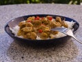 Detailed Picture of typical indian food hot lamb curry with rice and chopped chili served on the deep plate