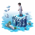 Detailed Pixel Art Illustration Of Boy On Island With Fish