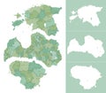 Detailed political map of Baltic countries Latvia, Estonia, Lithuania with administrative divisions into regions and silhouettes