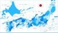 Detailed Political Map of Japan. Cities and towns. Blue color