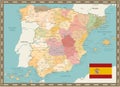 Detailed Political Map of Spain Vintage Color