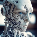 Detailed portrait of a humanoid robot. Close up portrait photo of android. Photorealistic illustration