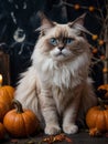 a detailed postcard of a Ragdoll bicolor cat dressed in a Halloween costume