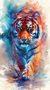 Detailed poster design of tiger headshot in vivid watercolor style