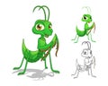 Detailed Praying Mantis Cartoon Character with Flat Design and Line Art Black and White Version