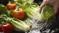 The Detailed Process of Washing Vegetables at the Sink, Ensuring Every Bite is Free from Contaminants and Full of Flavor.