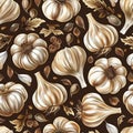 Detailed realistic seamless pattern featuring fresh garlic bulbs in a close up style