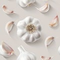 Detailed realistic seamless pattern of fresh garlic bulbs in a close up view for design projects