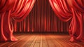 Detailed red stage curtain with wooden floor. Backdrop for opera or concert grand opening or cinema premiere. A Royalty Free Stock Photo