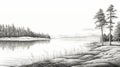 Black And White Pine Trees And River Landscape Illustration Royalty Free Stock Photo