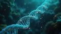 A detailed representation of a DNA helix floating in a vibrant blue underwater setting, illuminated by tiny sparkling