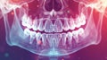 A detailed representation of human teeth and jaw structure, illuminated with glowing particles. Generative AI Royalty Free Stock Photo