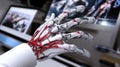 A detailed representation of a robotic hand features visible internal mechanisms and red wiring, highlighting the