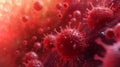 This detailed representation showcases viruses and spike proteins surrounded by abstract cellular structures, all