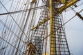 Detailed rigging ropes and mast structure of old sailing ship.. Royalty Free Stock Photo