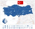 Detailed road vector map of Turkey and navigation icons Royalty Free Stock Photo