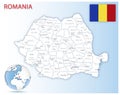 Detailed Romania administrative map with country flag and location on a blue globe