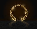 Detailed round golden laurel wreath crown award on dark background with reflection. Gold ring frame logo. Victory, honor Royalty Free Stock Photo