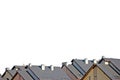 Row house roofs panorama, large detailed isolated panoramic multiple condos rooftop roofscape closeup