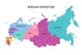 Detailed Russia administrative color map with borders of federal districts isolated on white background. Russian