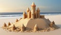 Detailed sandcastle on a serene beach with a sunrise backdrop Royalty Free Stock Photo