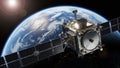 Detailed satellite orbiting Earth with solar panels and antennas deployed Royalty Free Stock Photo