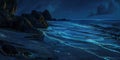 A detailed scene of a bioluminescent beach at night, with the glowing waves