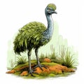 Detailed Science Fiction Illustration Of Emu Standing On Moss