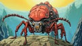 Detailed Science Fiction Illustration Of Red Bug On Rock