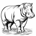 Detailed Scientific Illustration Of A Hippopotamus In Black And White