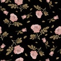 Detailed seamless pattern with pink rose and golden leaves in black background. Romantic, vintage, country style for Valentine`s,